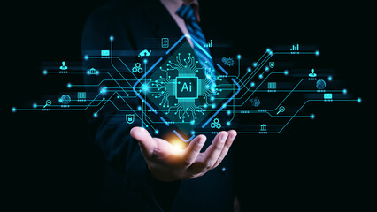 Wall Mural - ai technology, artificial intelligence. man using technology smart robot ai, artificial intelligence