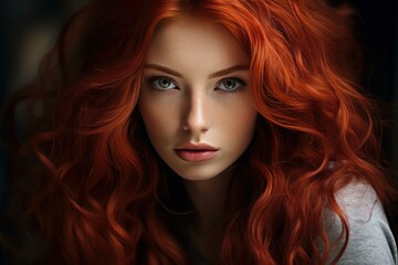 Wall Mural - Close-up portrait of a vibrant and radiant young adult redheaded woman with curly hair and intense blue eyes. Showcasing her natural beauty and elegance in a stylish fashion hairstyle