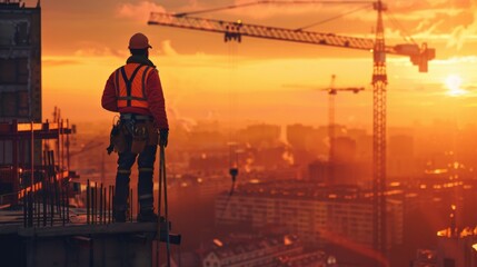 Wall Mural - Construction worker standing on a building under construction at sunset.