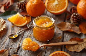 A jar of jam with a slice of orange on a wooden table