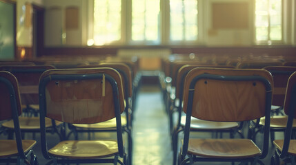 Sticker - Row of Empty School Chairs in Classroom