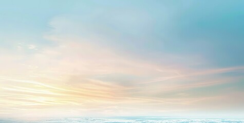 Panoramic illustration of light blue sky with cloudy haze and sea on horizon. Serene minimalistic design ideal for modern digital art, wallpapers and backgrounds for various projects