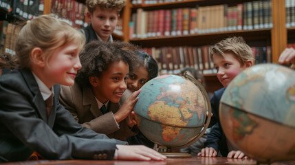 Sticker - Children and Teacher Examining Globe in Library