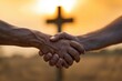 © AIGen - Jesus Faith. Handshake of Friends with Blurred Background of Christian Church and Cross