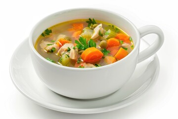Wall Mural - Soup Bowl. Homemade Chicken Vegetable Soup in White Bowl and Saucer, Side View, White Background
