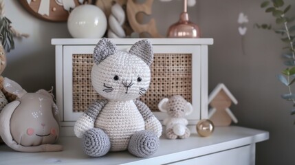 Sticker - handmade crochet kitten doll on white dresser in baby room generative ai