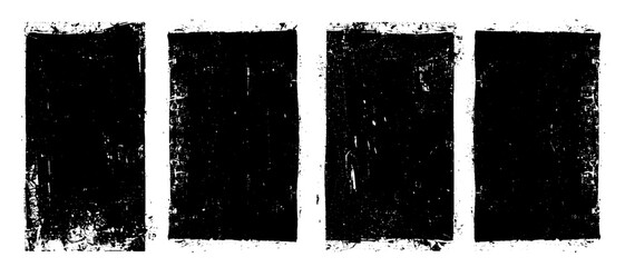 Set of abstract black rectangles with grungy textured details. Ideal for posters, canvases or digital art projects. Monochrome vector illustration for trendy decor