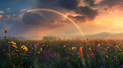 Wall Mural - Painted Dreams, where rainbows arch over fields of wildflowers after a summer storm