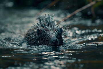 Wall Mural - a hedgehog swims in a deep river