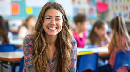 Sticker - Smiling Girl Sitting at Desk in Classroom