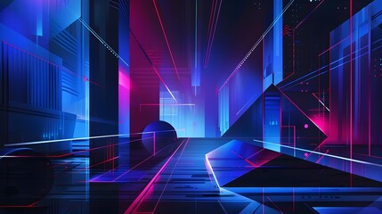 Wall Mural - Immersive Futuristic Cityscape with Vibrant Neon Geometric Pathways and Dynamic Lighting Effects