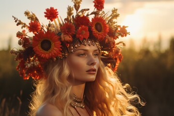 Wall Mural - Serene woman adorned with a vibrant fall floral crown during sunset