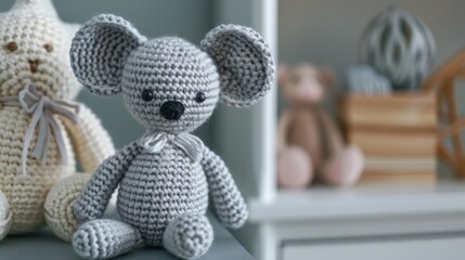 Sticker - Handmade crochet mouse doll, on a white dresser in the baby's room generative ai