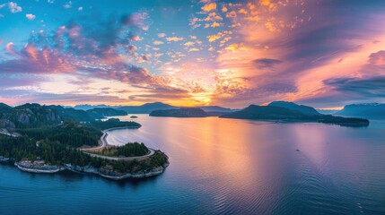 Panorama aerial highway on pacific ocean colorful sunrise sky background. Generated AI image