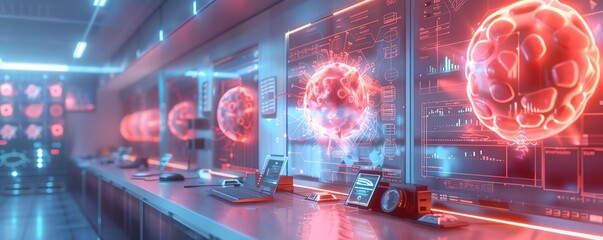 Futuristic laboratory with holographic displays showcasing molecular structures and advanced technology in a high-tech research setting.
