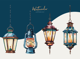 Wall Mural - Watercolor Lanterns Set: Realistic Illustrations of Three Antique Lanterns Hanging from Chains in Shades of Blue, Orange, and Brown - Perfect for Design Projects and Decorative Art