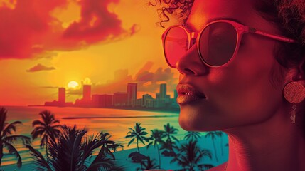 Wall Mural - Retro-styled vector summer posters featuring vibrant cityscapes, a stylish woman, and exotic beach scenes. Illustration for card, poster, banner, flyer, brochure or background