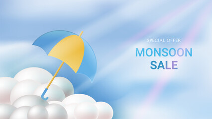 Poster template for Great Monsoon Sale design with colorful umbrella and clouds. Vector illustration