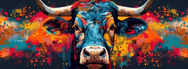 Wall Mural - Vibrant Abstract Bull Painting with Colorful Splashes