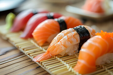 Wall Mural - Elegant Traditional Japanese Sushi Platter with Fresh Ingredients  