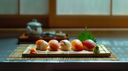 Canvas Print - Elegant Traditional Japanese Sushi Platter with Fresh Ingredients  