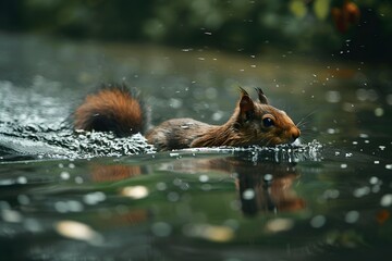 Wall Mural - a squirrel swims in a deep river