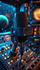 Wall Mural - Microphone set on a space station with stars, planets, and futuristic controls in the background