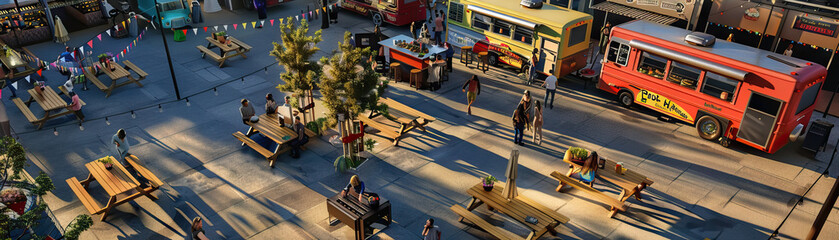 Food Truck Park: Close-up of food trucks, picnic tables, and outdoor dining areas, showcasing the city's food truck culture and culinary diversity