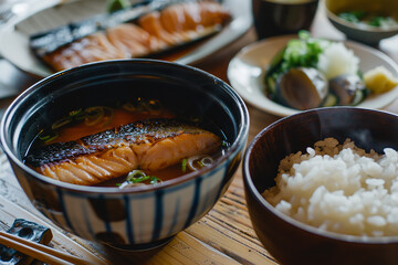 Canvas Print - Traditional Japanese Breakfast with Miso Soup and Grilled Fish  