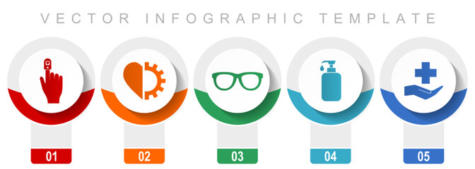 Leinwandbilder - Medical icon set, miscellaneous vector icons such as oximeter, hospital, glasses, soap and heart, modern design infographic template, web buttons in 5 color options