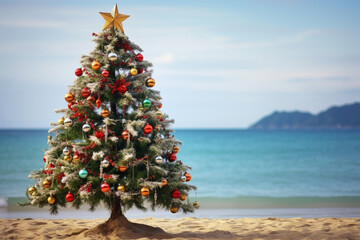 decorated christmas tree on the sandy beach.