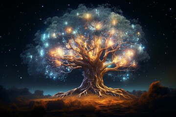 Wall Mural - Magical tree with glowing branches against a night sky filled with stars, evoking fantasy