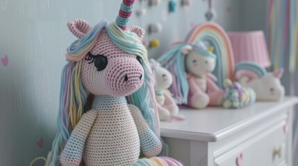 Sticker - unicorn made of crochet on dresser with white drawer in baby room generative ai