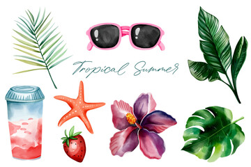 Wall Mural - Watercolor tropical set. Hand drawn summertime clipart. Summer elements. Exotic flower. Palm leaves.