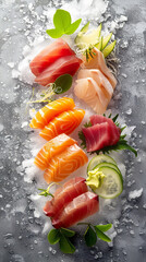 Wall Mural - Fresh and Elegant Assorted Sashimi Platter on Icy Backdrop  