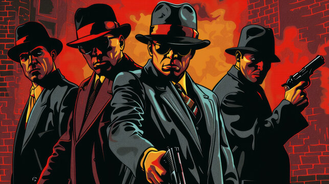 Cool looking gangster mafia group in retro comic style illustration.