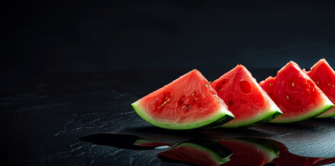 Wall Mural - A close up of four slices of watermelon on a black background. The slices are cut in half. Concept of freshness and summertime. watermelon slices, on the horizon photos on a black background,
