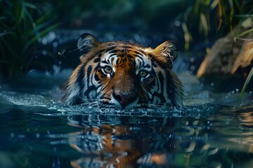 a tiger swims in a deep river