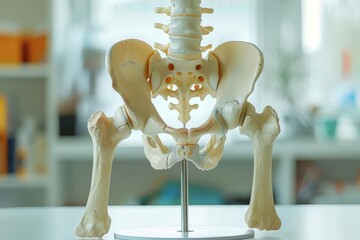 anatomical hip joint model showing pelvic bone pain in medical clinic healthcare concept