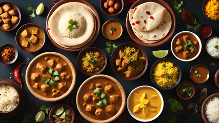Wall Mural - Desi, Indian traditional food set, top view, Generative AI