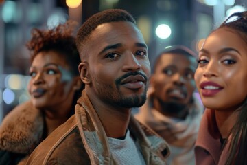 Group of diverse african american and caucasian men and women in the city at night.