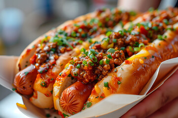 A hand holds two delicious chili cheese hot dogs in a white paper wrapper. The hot dogs are generously topped with savory chili and melted cheese, looking mouthwateringly appetizing and ready to eat.