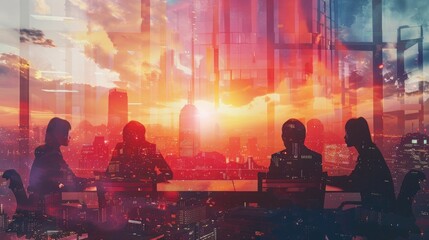 Wall Mural - Silhouettes of business people in meeting at office with double exposure cityscape background. Concept for company, brainstorming and collaboration. high detail, hyper realistic photo watercolor