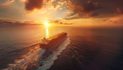 A large ship is sailing on the ocean with a beautiful sunset in the background by AI generated image