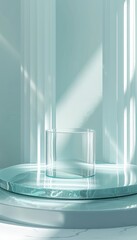 Wall Mural - 3D rendering of empty transparent glass podium for product showcase with lighting and shadow on pastel blue background.