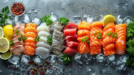 Wall Mural - top view of a set of fresh fish fillets tuna, salmon, dorado, white fish steak and red fish steak on a dark background garnished with lemon and spices with ice.