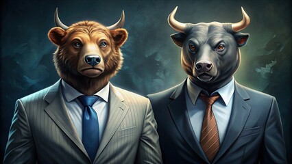 Wall Mural - Bull and bear in suits trading on stock market concept of bullish vs bearish trend