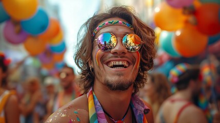 Wall Mural - A vibrant and inclusive Pride parade filling the streets with colorful floats, banners, and enthusiastic participants waving rainbow flags, celebrating love, acceptance, and diversity.