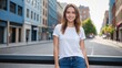 © QuoDesign - Young woman wearing white t-shirt and blue jeans standing on the street