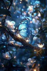 Wall Mural - Blue butterfly on the tree, surrounded by white flowers and glowing lights, night scene